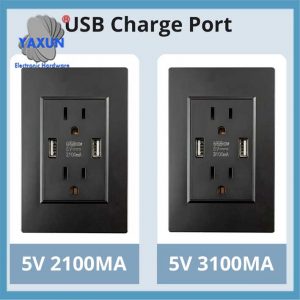 US Socket With 2 Usb Socket Port Charger 5V 2100mA 3100MA Black Wallpad Double USB Electric Power Outlet PC Panel